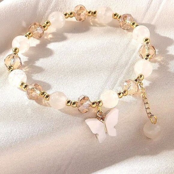 Butterfly Bead Bracelet Minimalist Dangle Charm Stretchy Gold White Y2K Style - Picture 1 of 2